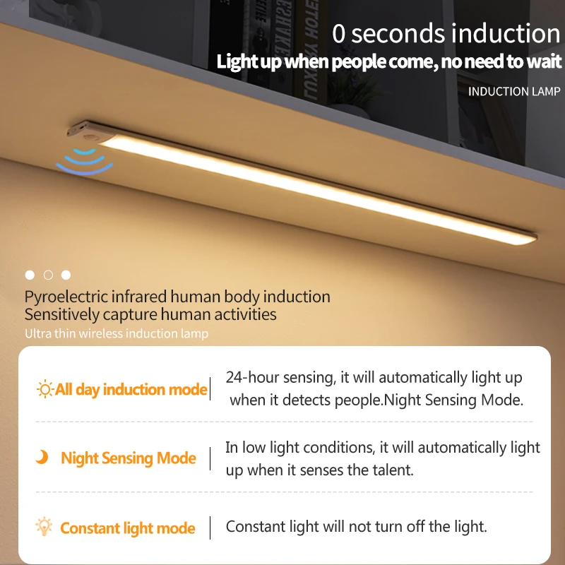 Cabinet Light USB Rechargeable Motion Sensor Led Three Colors In One Lamp For Kitchen Wardrobe Indoor Lighting 10/20/30/40/60cm 3