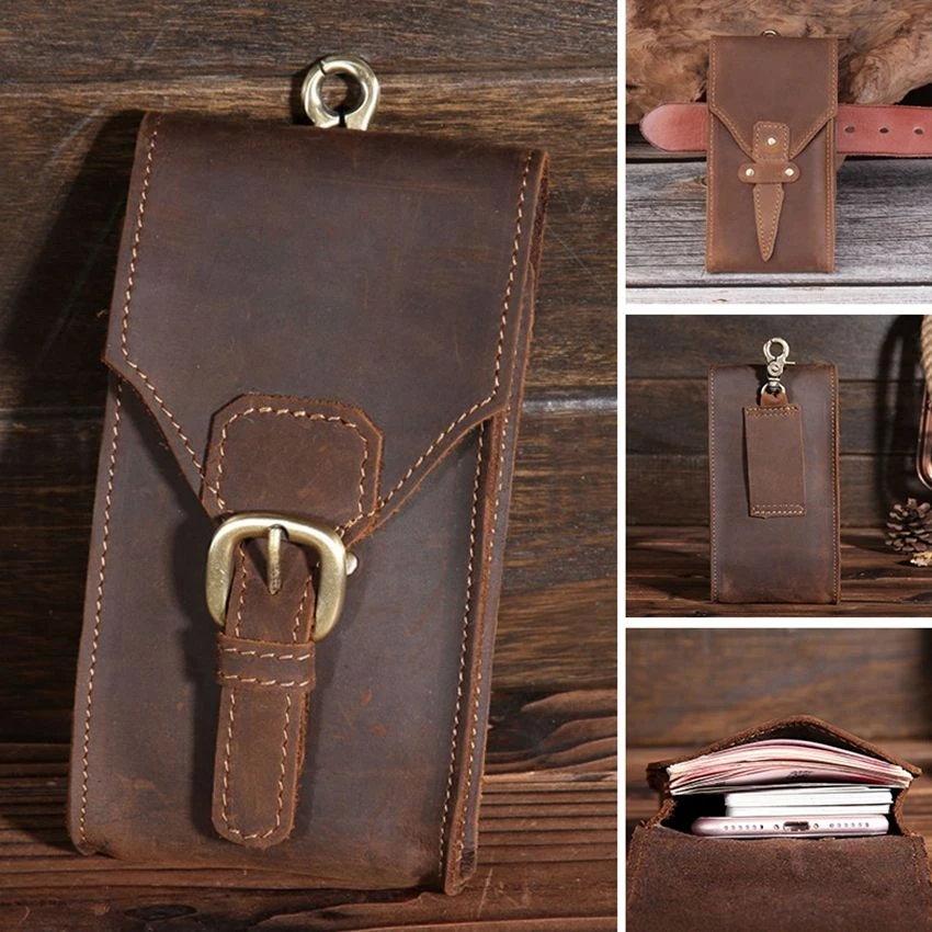 Retro Genuine Cow Leather Men's Waist Bag Outdoor Cellphone Pouch Clutch Wallet Coins Purse Adjustable Buckle