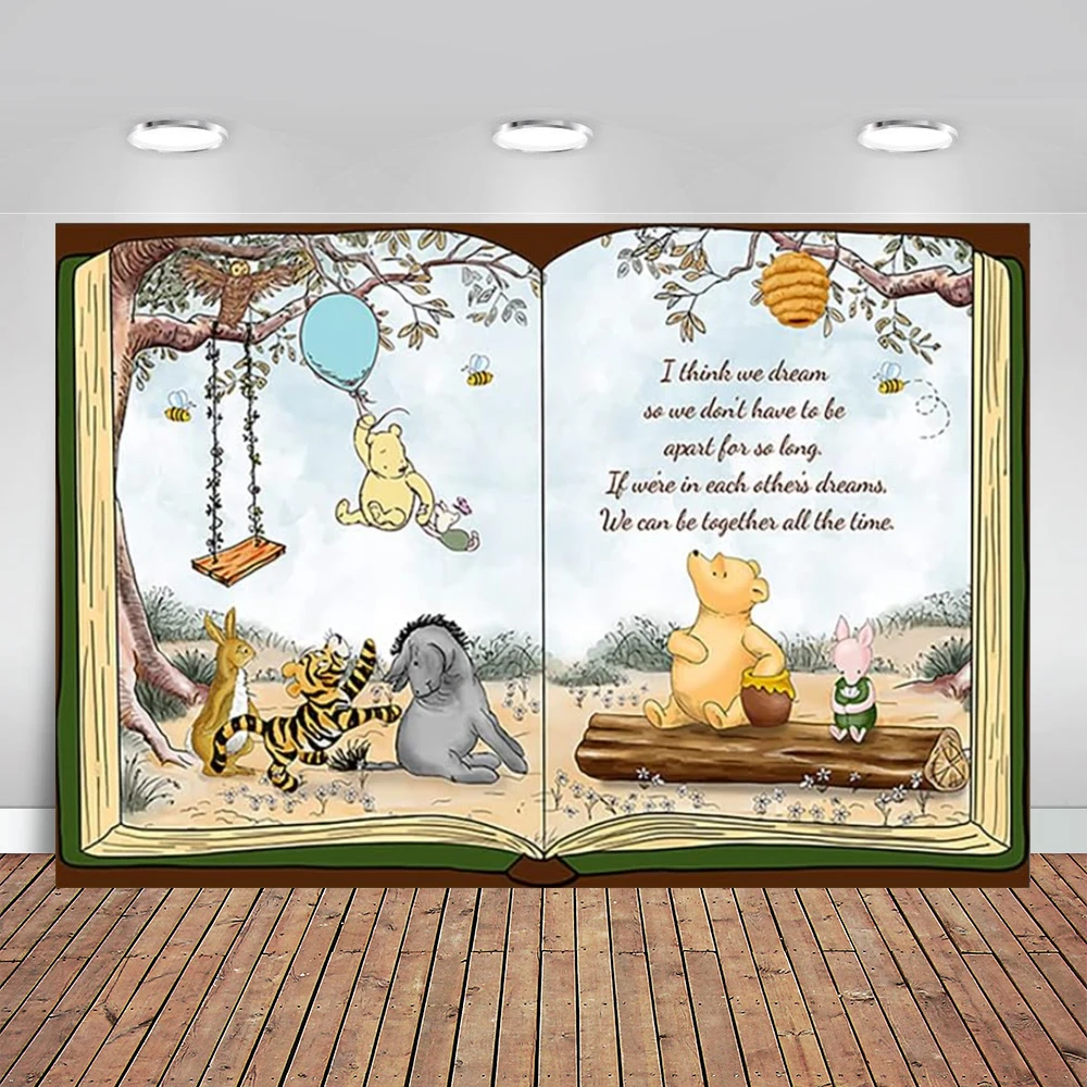 Winnie Backdrop for Birthday Party Classic Winnie Photo Backgrounds Vintage Pooh Bear Baby Shower Banner for Birthday Decoration