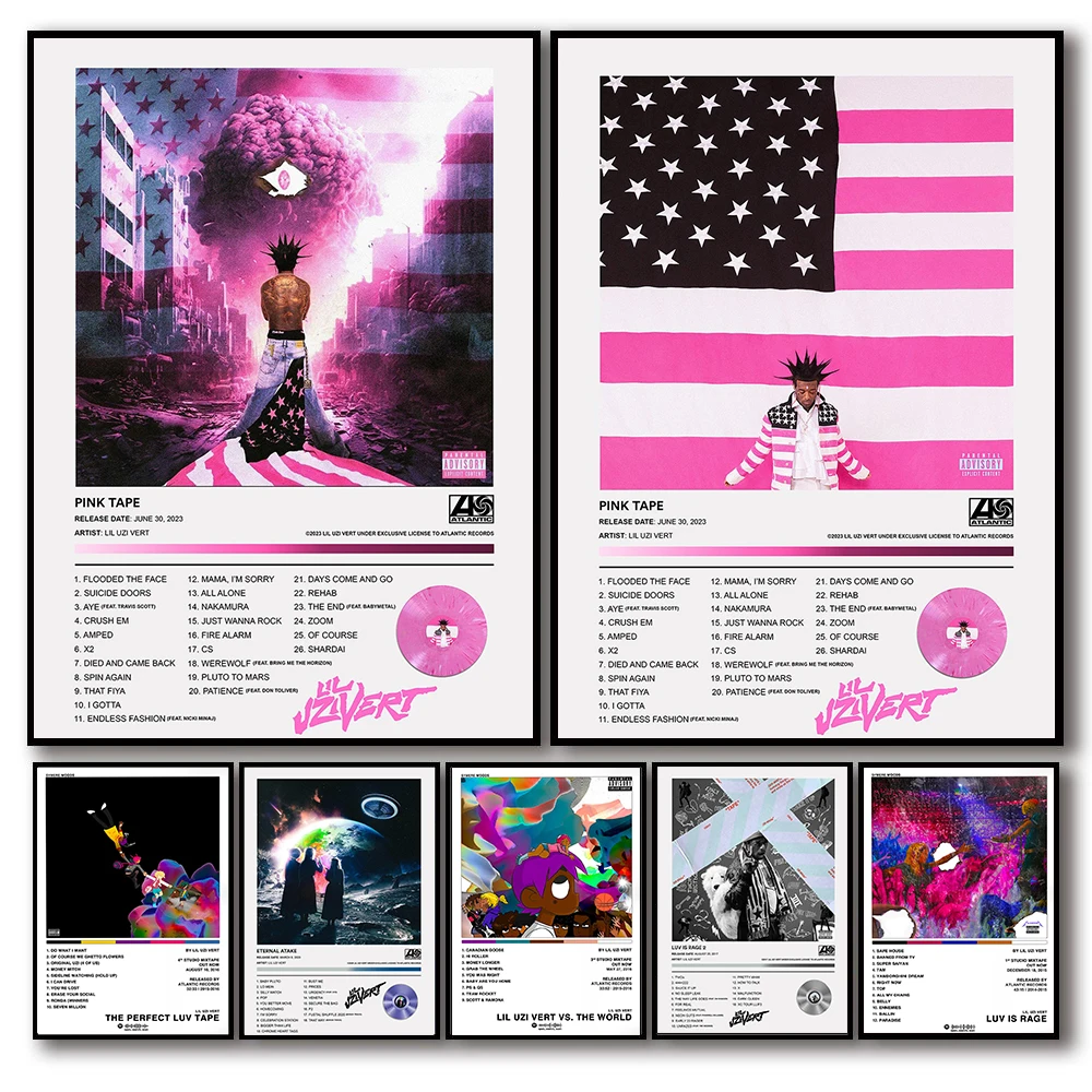 미국 힙합 래퍼 Lil Uzi Vert 음악 앨범 커버 핑크 테이프 포스터, 방 캔버스 페인팅 아트 홈 벽 장식 사진 