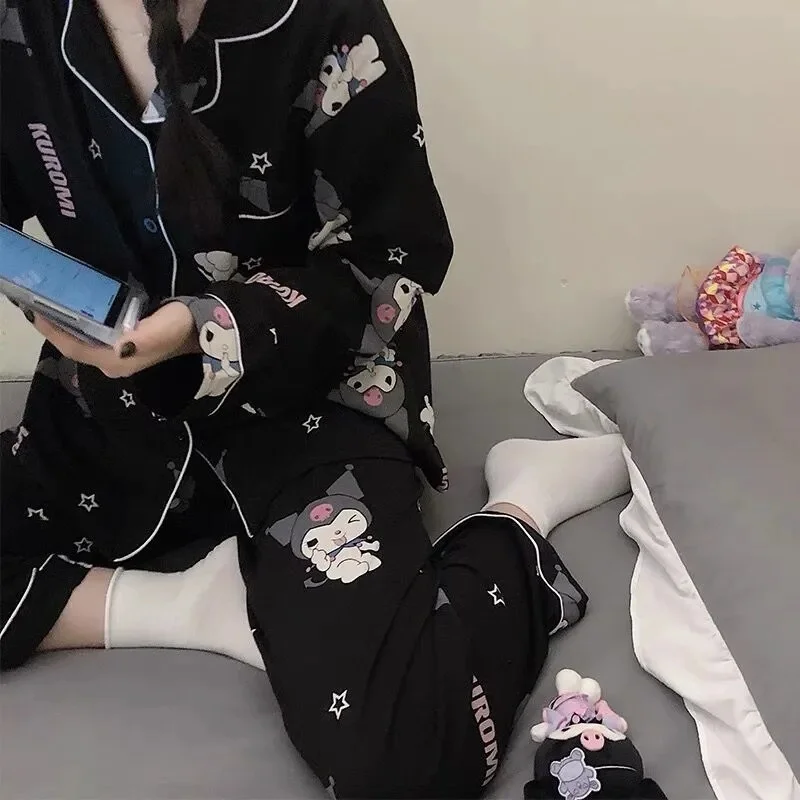 Women Pajamas Set Women Pajama Suit Cotton Pajamas Set Sanrio Cartoon Anime Kuromi Nightwear Women's Autumn Cute Long Sleeve Collar Cardigan Comfortable Home Clothes Set