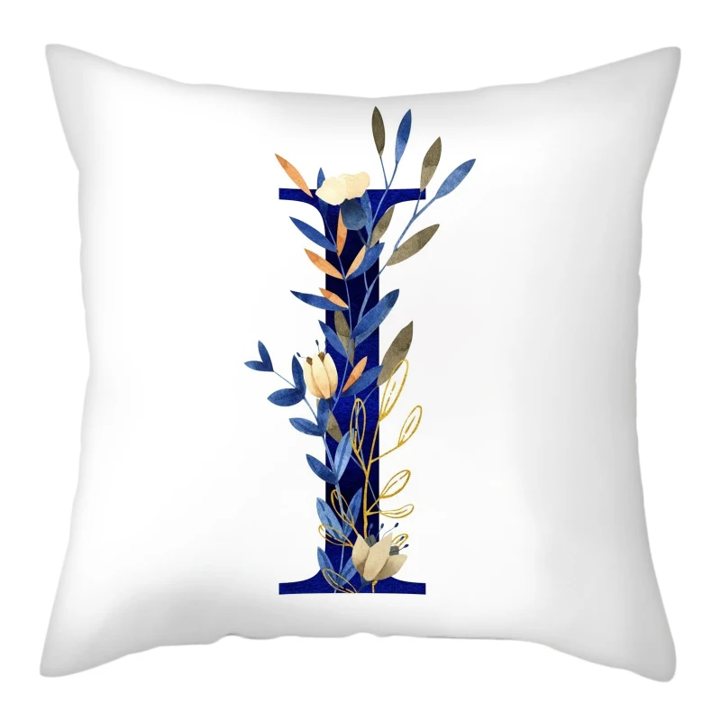 Simple Blue Leaf Alphabet Print Cushion Case 26 Letters Decoration Pillows Case Sofa Chair Livingroom Polyester Throw Pillowcase 