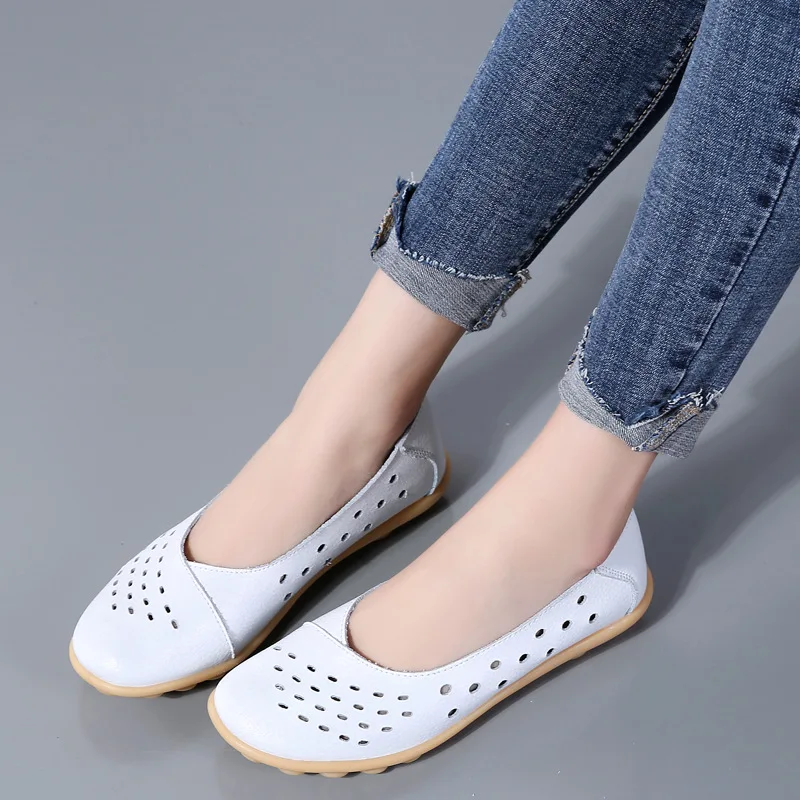 New 2024 Hollow Big Size Casual Breathable Genuine Leather Flats Shoes For Women Chaussure Femme Ladies Trainers Zapatos Mujer