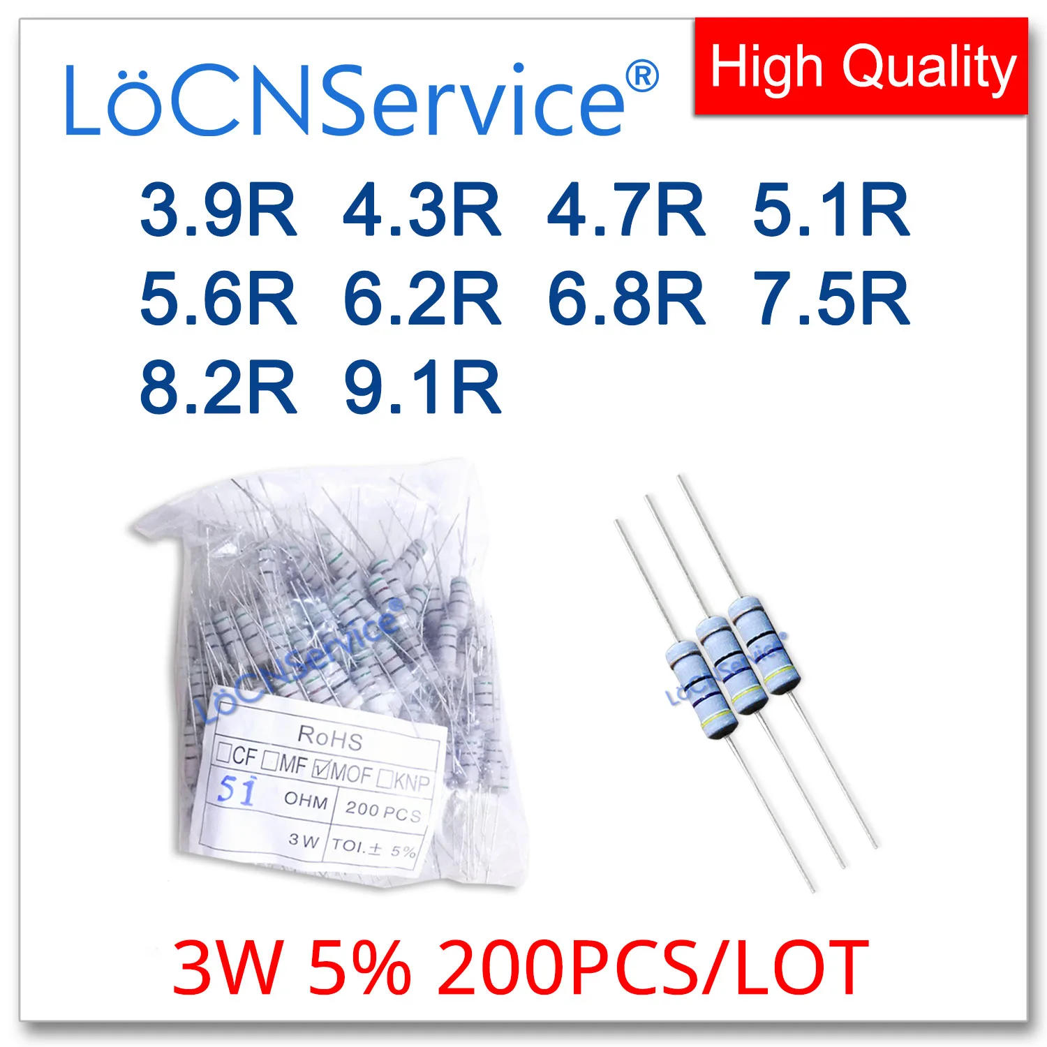 

LoCNService 200 шт./лот 5% 3 Вт 3.9R 4.3R 4.7R 5.1R 5.6R 6.2R 6.8R 7.5R 8.2R 9.1R карбоновый пленочный резистор DIP OHM