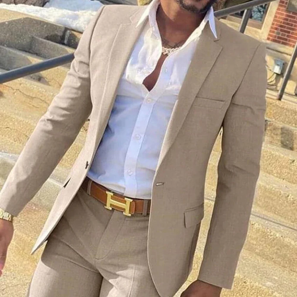 

Khaki Suits for Men 2 Piece Slim Fit Fashion Notch Lapel Male Blazer Wedding Groom Casual Business Tuxedo Jacket with Pants