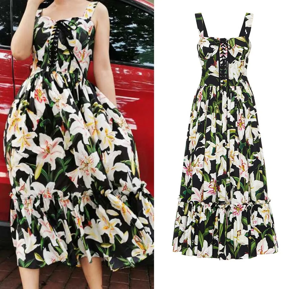 

2022 Fashion Show, Celebrity Temperament, Leisure Vacation Style, Lily Print Suspender, Large Swing Women's Dress