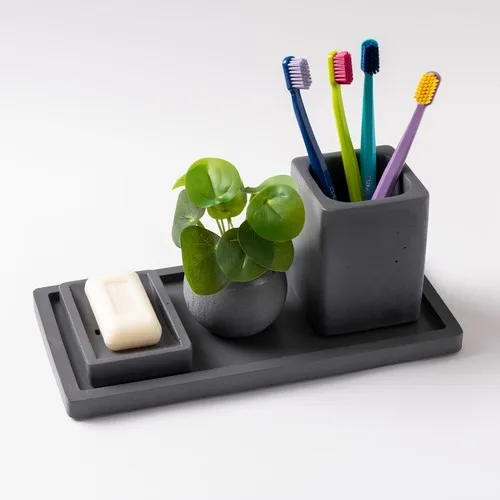 

Mağazacım Concrete Tray Brush Holder Flower Pot and Soap Dish Handmade Decorative Bathroom Set