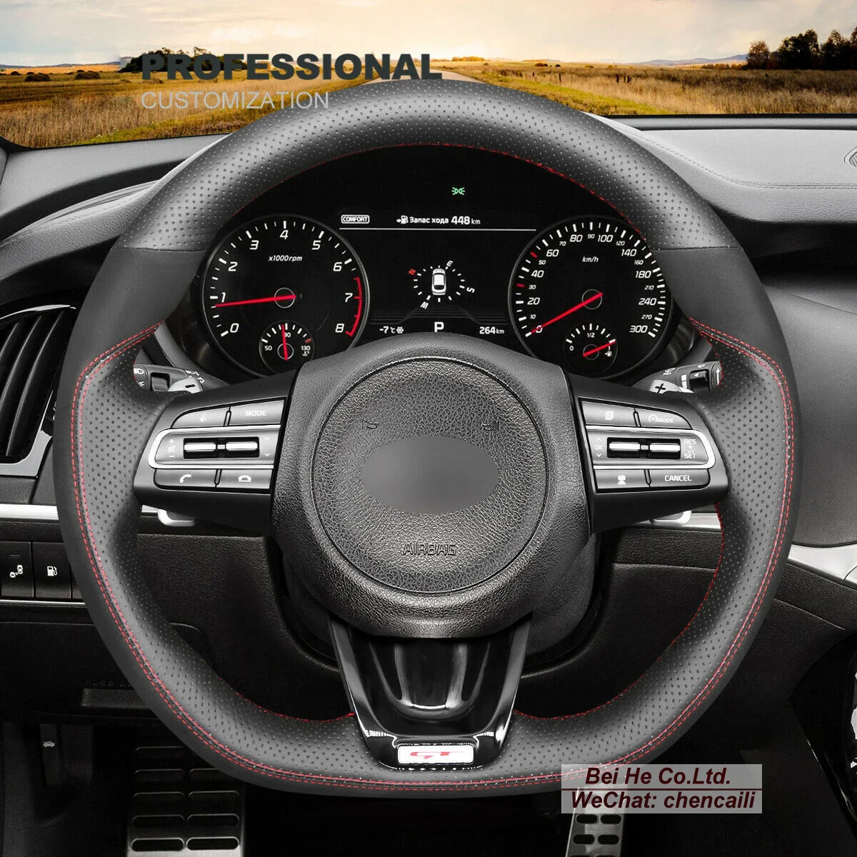 

Hand Sew Non-slip Black Leather Suede Car Steering Wheel Cover For Kia Stinger (GT) 2018 2019 2020 2021 D-shape