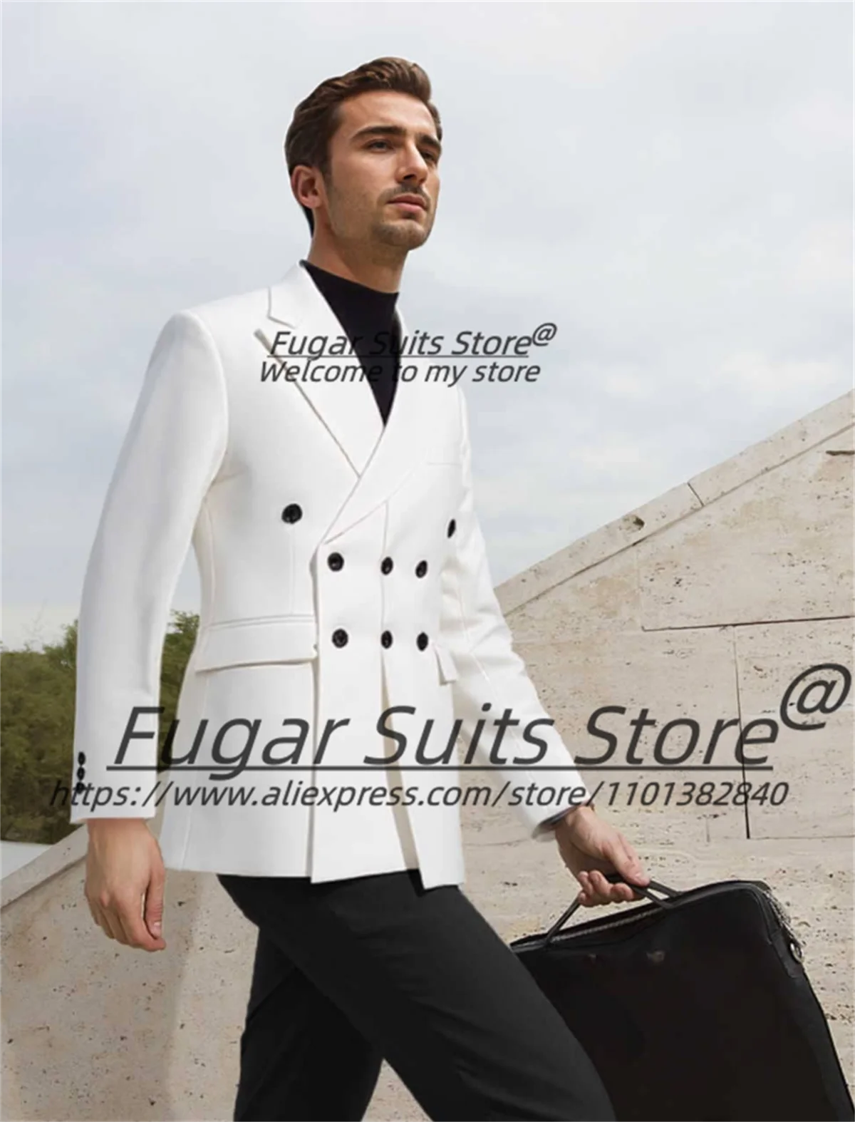 Men's Three Row Buckle 2 Pcs Suit Slim Fit Peak Lapel