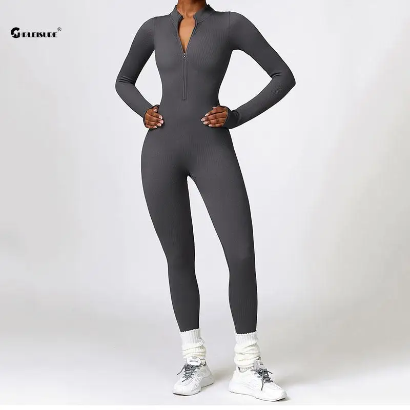 

CHRLEISURE Long-Sleeved Yoga Jumpsuit Zipper Abdominal Fitness Bodysuit Elastic Slim Romper 1PCS Winter Fitness Outfit Gym Wear