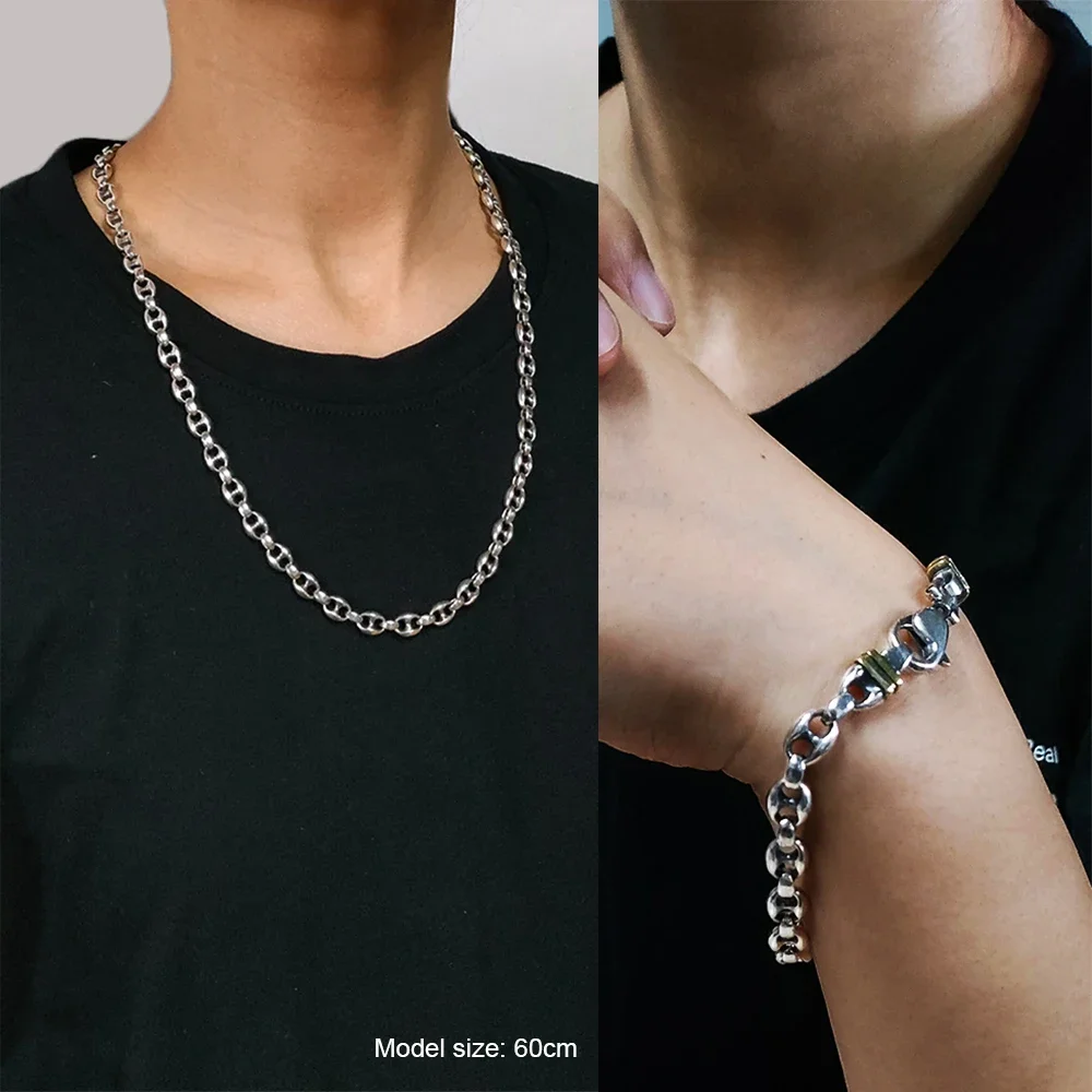 Solid 925 Sterling Silver 7mm Necklace Coffee Bean Chain for Men Retro Antique Punk Style Fine Jewelry 5
