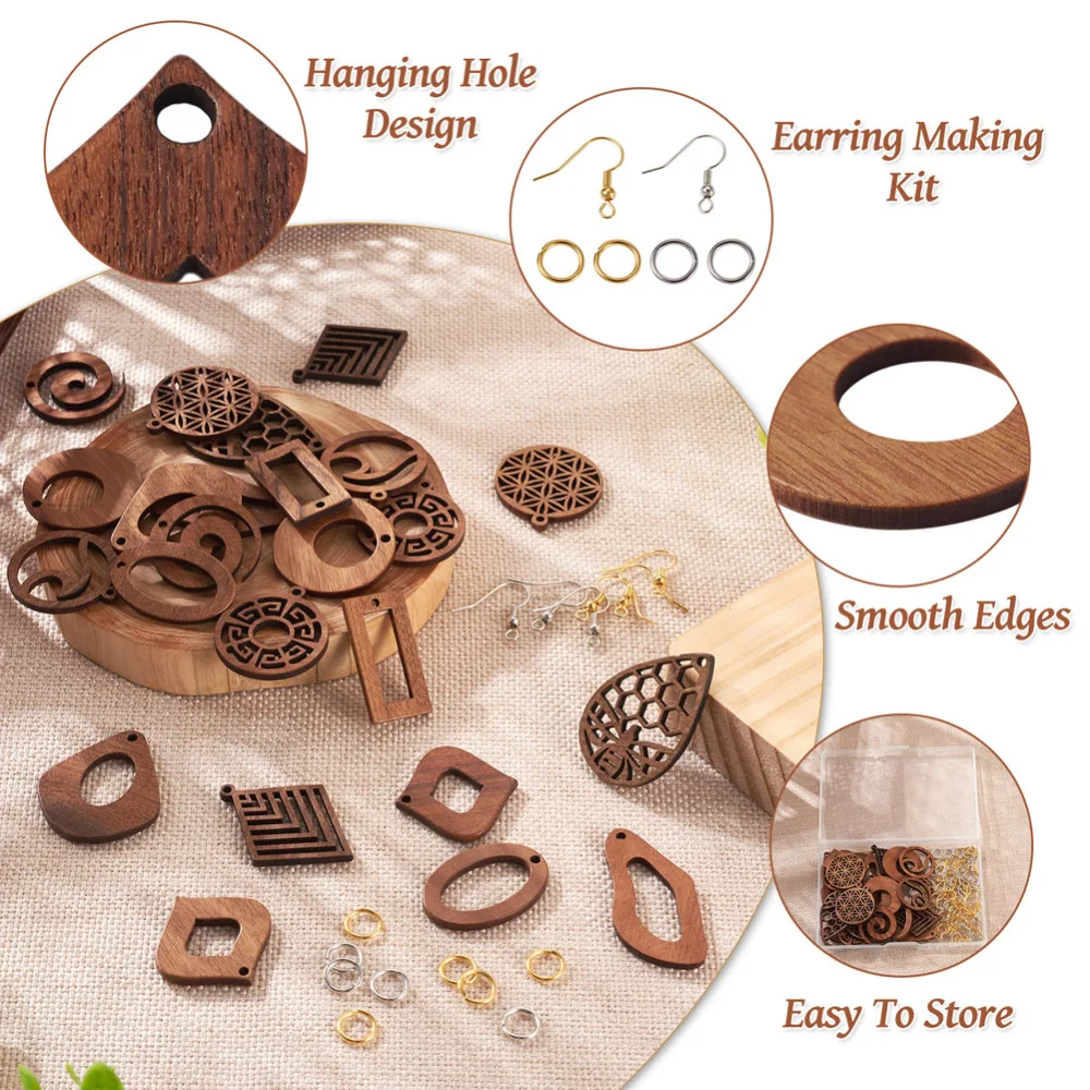 1Box Walnut Wood Pendants for Dangle Earring Making Hollow Leaf Teardrop Earring Wooden Charms with Hook Jump Rings Jewelry Kits