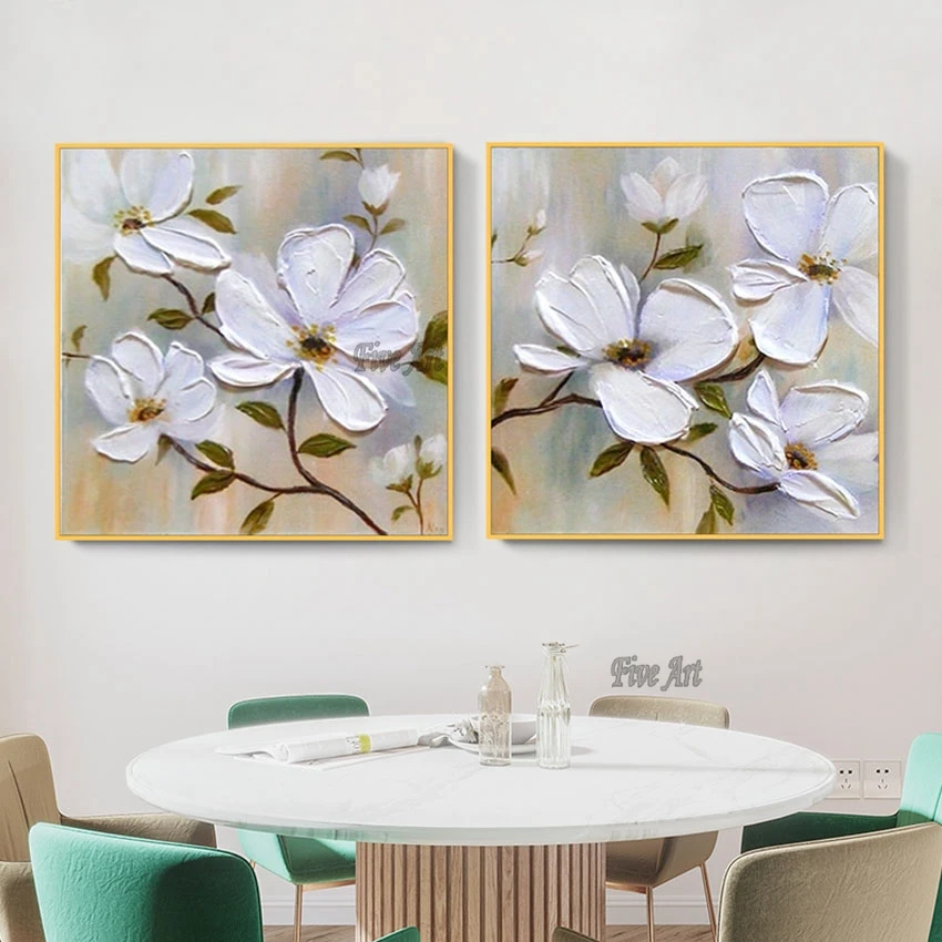 

Modern 2 Panels Canvas Wall Art, Home Decoration Piece Framless, White Flower Oil Painting, Pallet Knife Picture For Living Room