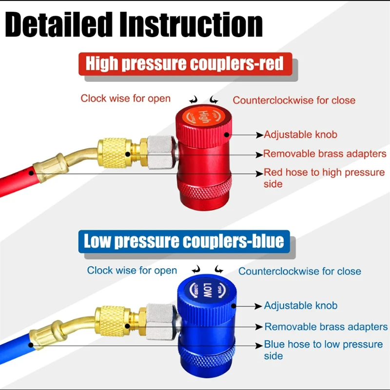 High/Low Side Adjustable Quick Couplers for Car AC System Recharging and Evacuation