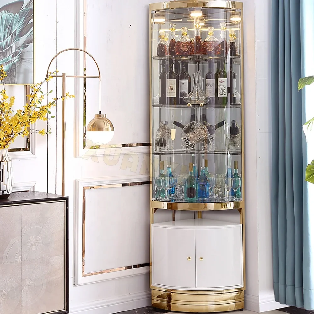 Modern Living Room Stainless Steel Metal Frame Wine Display Cabinet Luxury Double Door Glass Corner Bar Wine Storage Cabinet
