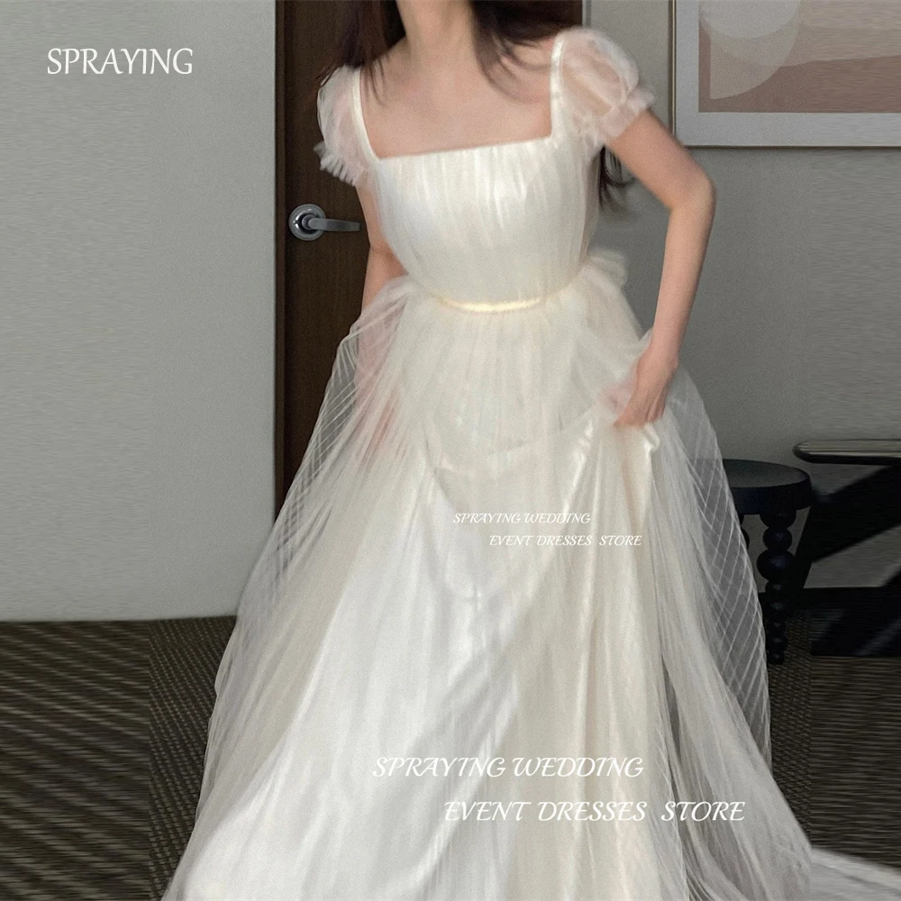 Wedding Dresses A Line Tulle Spraying Short Sleeves Photoshoot Square Neck Pleats Bridal Gowns Corset/Zip Back
