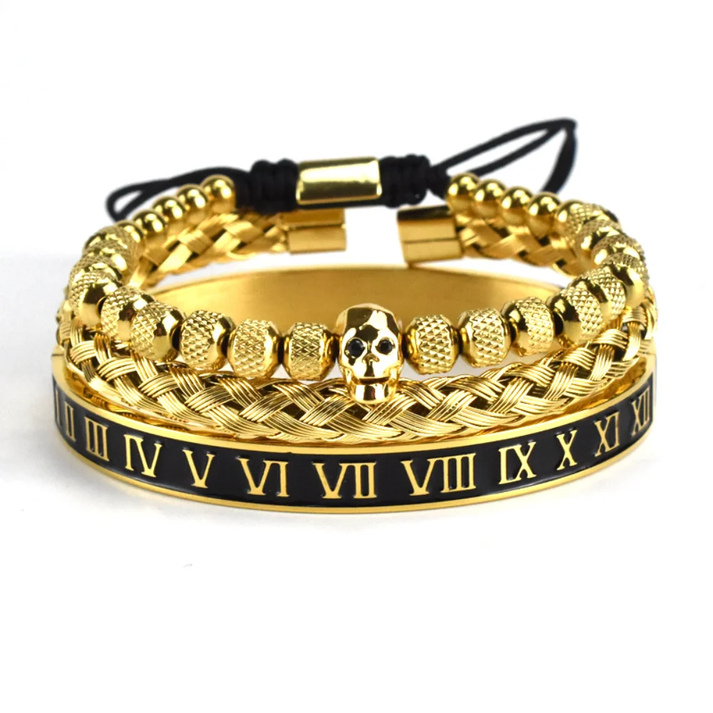 

3PCS Stainless Steel Braided Zircon Skull Multilayer Beaded Bracelet Roman Numeral Bangle Set Gothic Rock Party Biker Jewelry