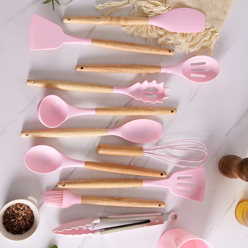 Silicone Kitchen Ware Set Wooden Handle Non-stick Spatula Cooking Utensils kitchen utensils