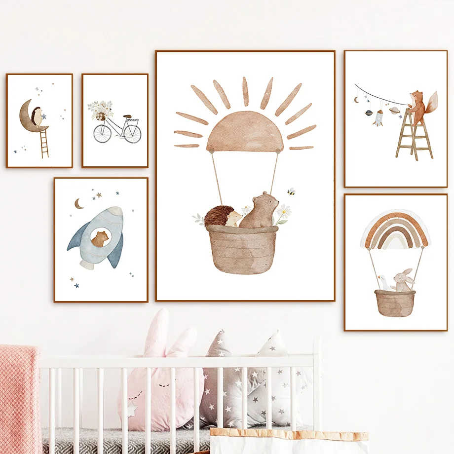 Boho Space Rocket Bear Rabbit Hedgehog Bee Flowers Nursery Poster Wall Art Print Canvas Painting Baby Kids Room Home Decoration