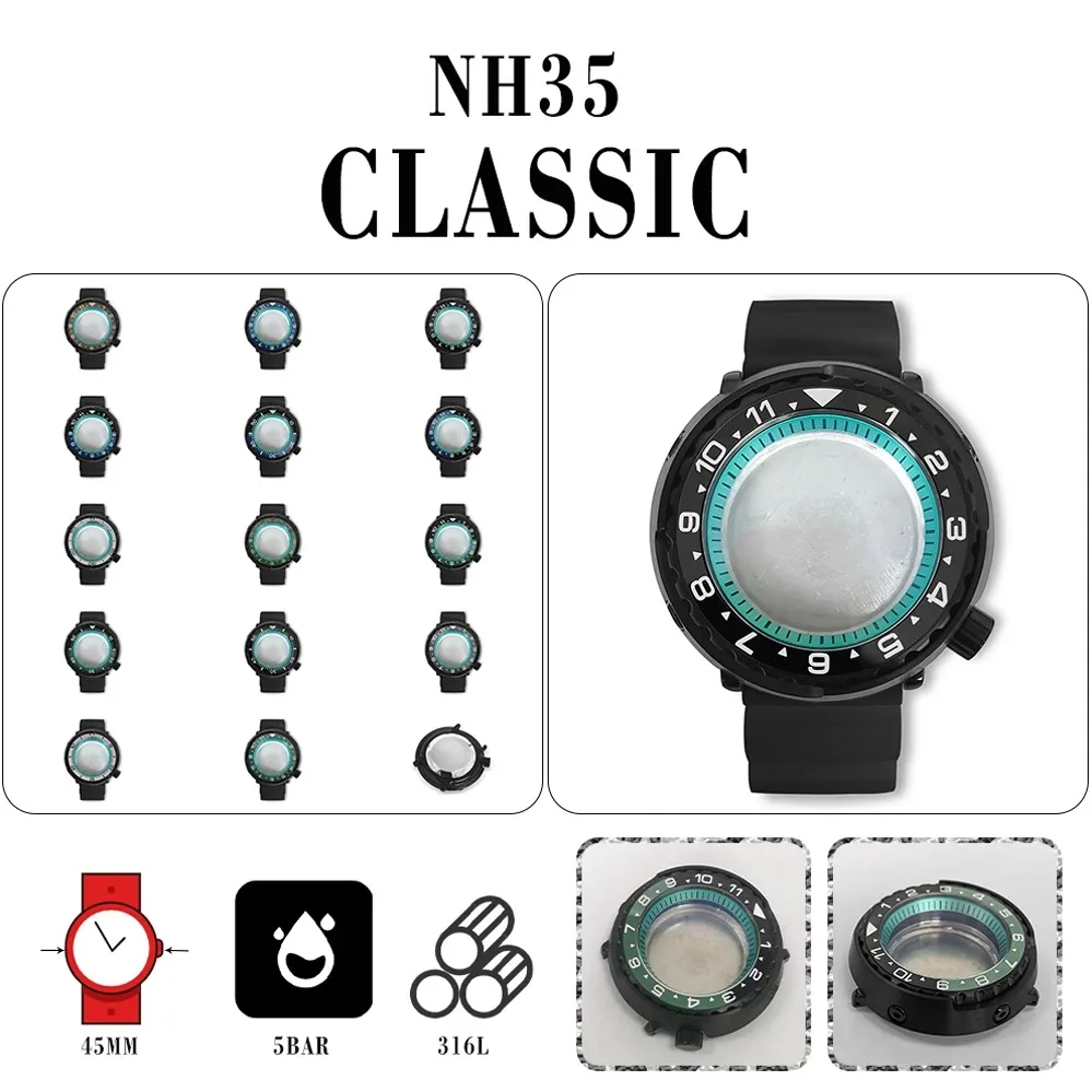 

PVD black 45mm canned case + light blue inner shadow + black rubber strap can be equipped with NH35/NH36 calibre