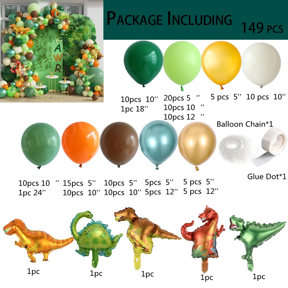 149pcs Jungle Dinosaur Birthday Balloons Arch Garland Kit Retro Green Orange Latex Balloon Baby Shower Boy Dino Party Decoration