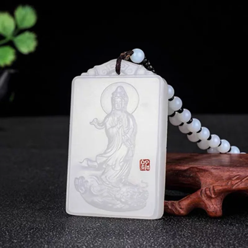 

Natural White Jade Hand-carved Guanyin Pendant Fashion Boutique Jewelry Men and Women Necklace Gift