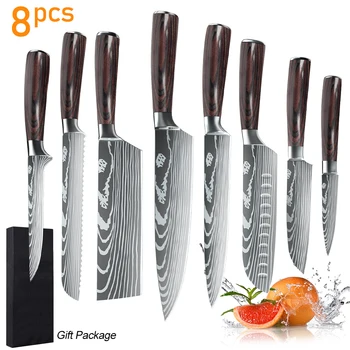 7CR17 8PCS Coltelli da cucina Set Acciaio inossidabile Sharp Chef Affettare Mannaia Laser Damasco Modello Coltello da chef Coltelli affilati anche 1