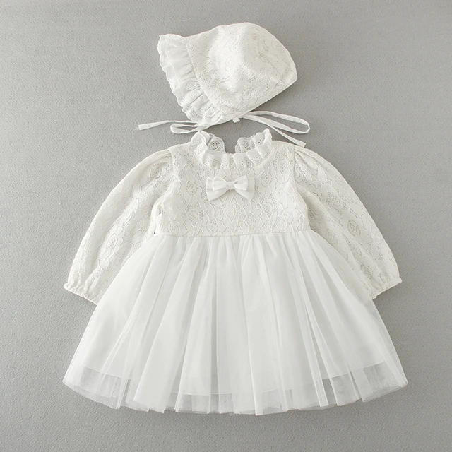 Robe blanche à manches longues pour bébé fille de 1 an, vêtements