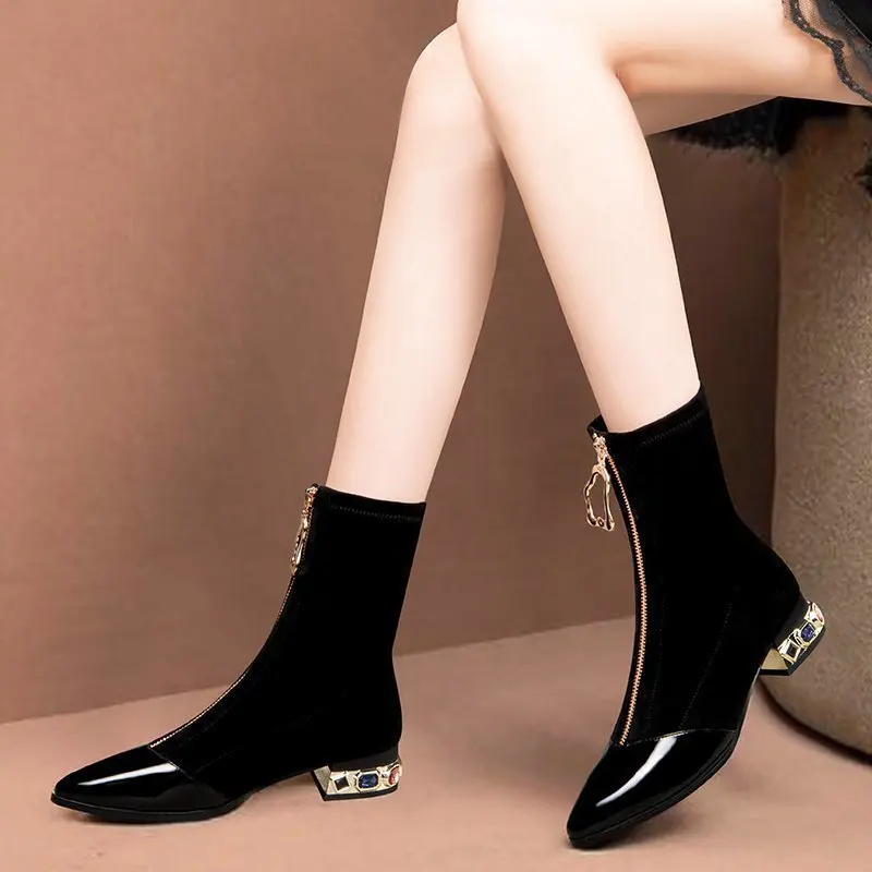 Shiny Sequin Ankle Boots For Women Pointed Square Heel Winter Shoes_voghion.com