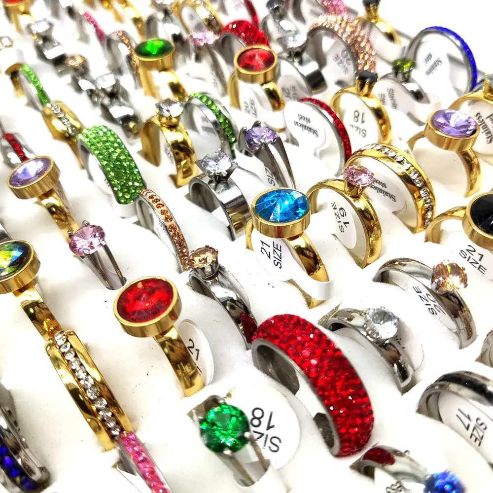 50pcs/lot Luxury Exquisite Multi-Colored Zircon Mix Stainless Steel Ring Men Women Wedding Ring Wholesale Bulk Jewelry Lot 3