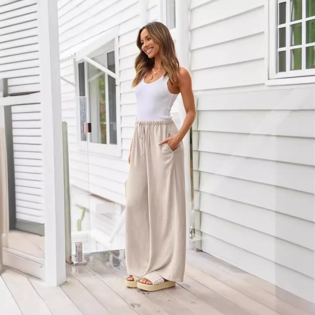 Women's New Linen Summer Drawstring Wide Leg Pants Flowy Wide Leg Beach Belt Pocket
