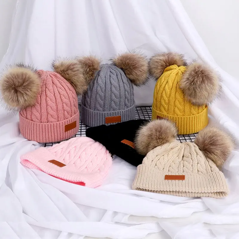 Nette Doppel Wolle Bommel Baby Hut Kinder Kappe Warme Herbst Winter Hüte Für Kinder Jungen Mädchen Gestrickte Wärmer Beanie Caps_voghion.com