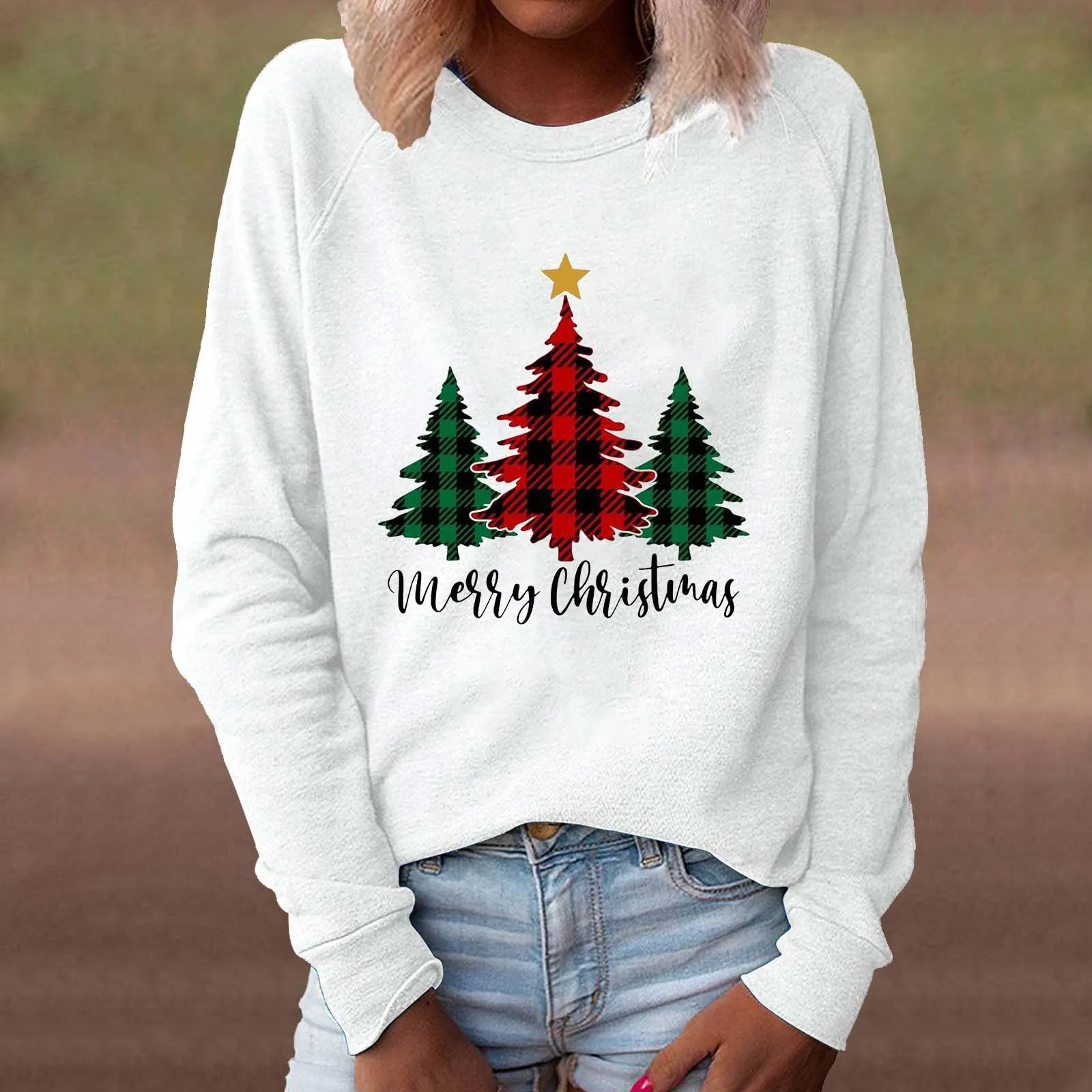 

Женский свитшот с завязкой на талии, Женский свитшот с круглым вырезом и длинным рукавом с принтом рождественской елки, теплый флисовый свитер