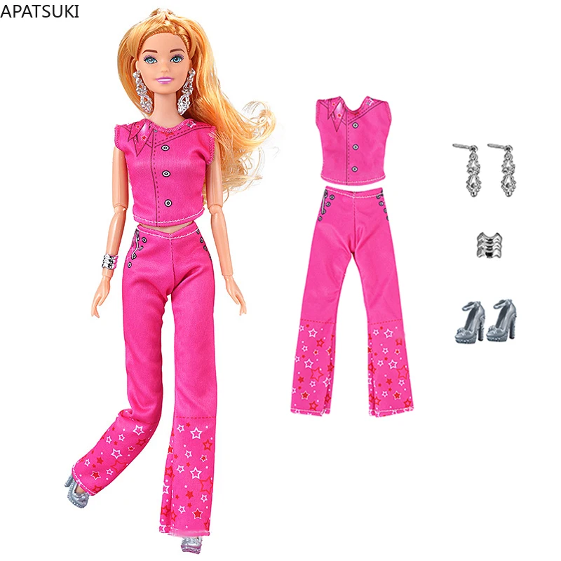Film Hot Pink Fashion Clothes Set Per Barbie Doll Outfit Top Pantaloni Scarpe Grigie Orecchini Bangle 1/6 Bambole Accessori Giocattoli