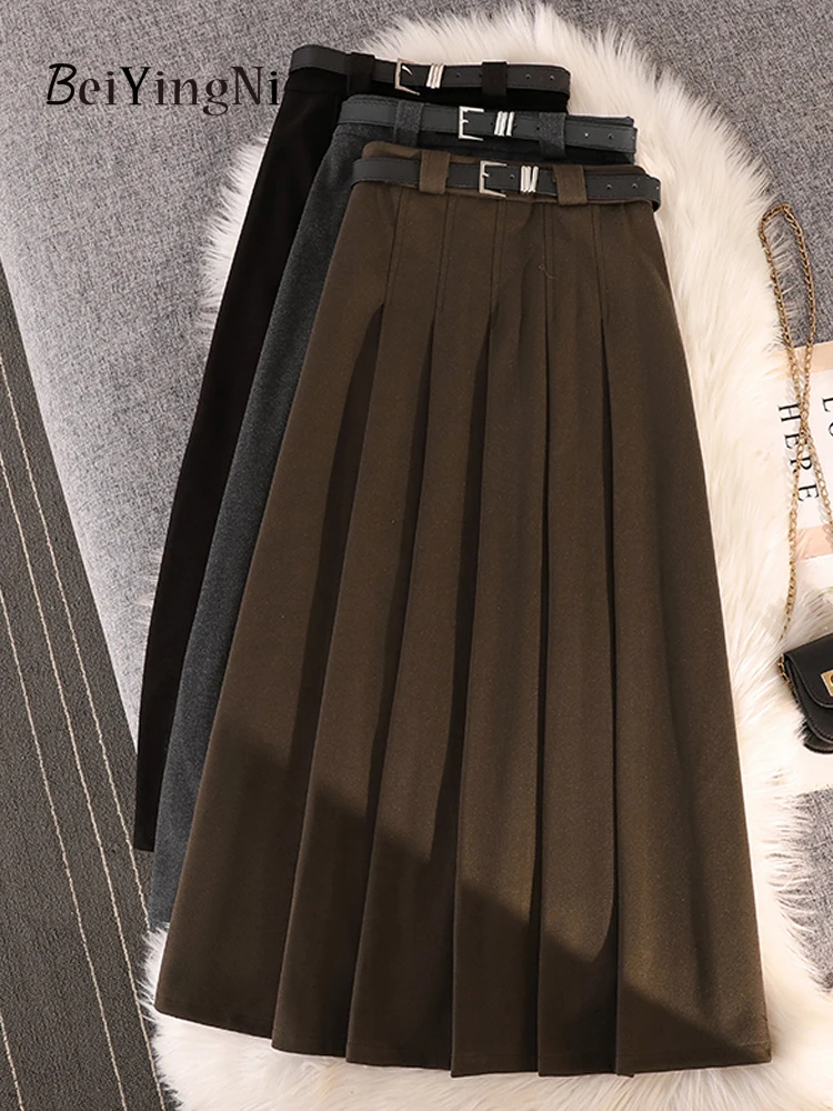 

Beiyingni Autumn Winter Pleated High Waist Midi Skirt With Belt Vintage Korean Fashion Warm A-line Skirts Women Harajuku Faldas