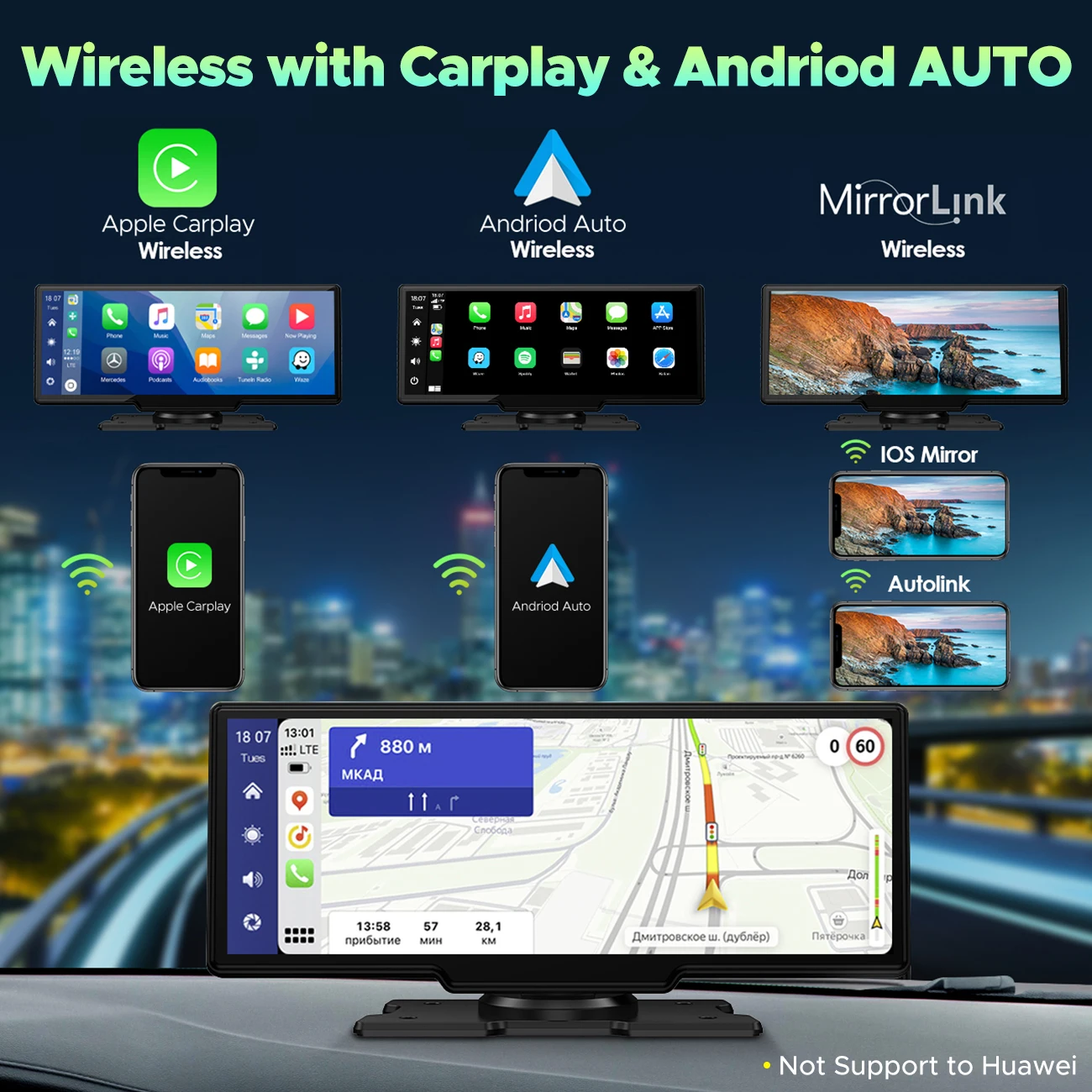 TOGUARD 10 pouce Double Lentille Sans Fil Carplay Écran Lecteur Android  Auto Voiture Stéréo DVR Enregistreur Tableau de Bord WiFi GPS Caméra de  Recul