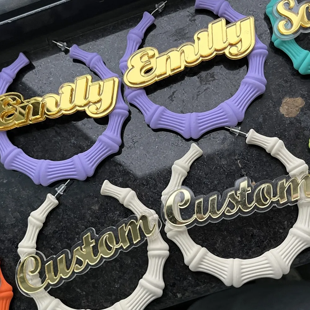 DUOYING Custom Name Hoop Earrings Personalized Colorful Customized Nameplate Earring Bamboo For Summer Travel Gift