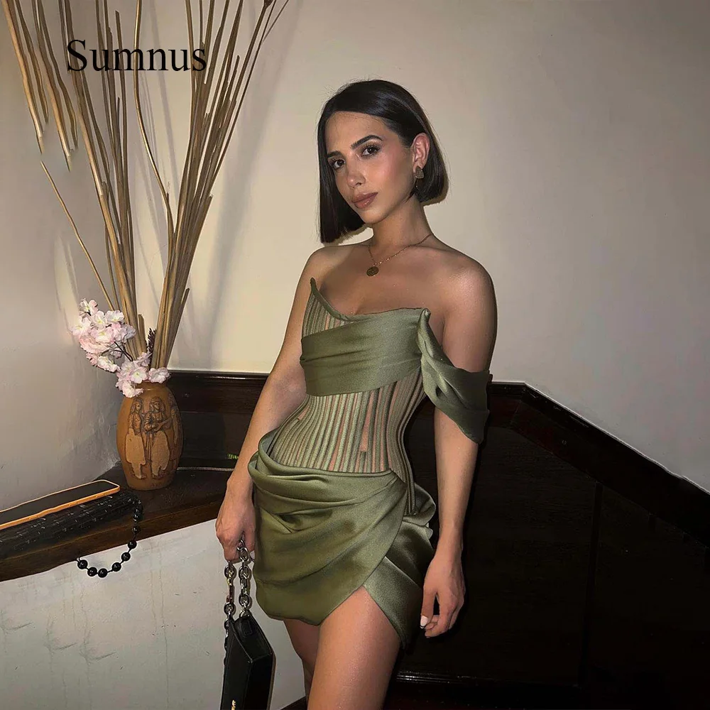 

Sumnus Green One Shoulder Mini Party Dresses Corset Strapless Pleats Satin Sexy Short Cocktail Prom Dress 2023 Robe de Soiree