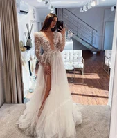 V-Neck Long Sleeves A-Line Tulle Wedding Dresses High Fork Women Bridal Gowns 2024 Mopping Length Vestidos De Novias Customized 1