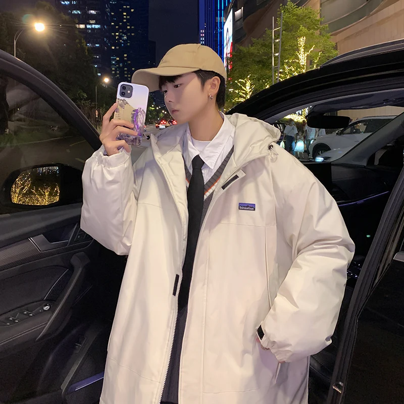 

Winter Sketchy Style Hooded Parkas Men Warmth Thickened Casual Loose Fitting Silk-like Cotton Coat Men Outwear Zipper Jacket