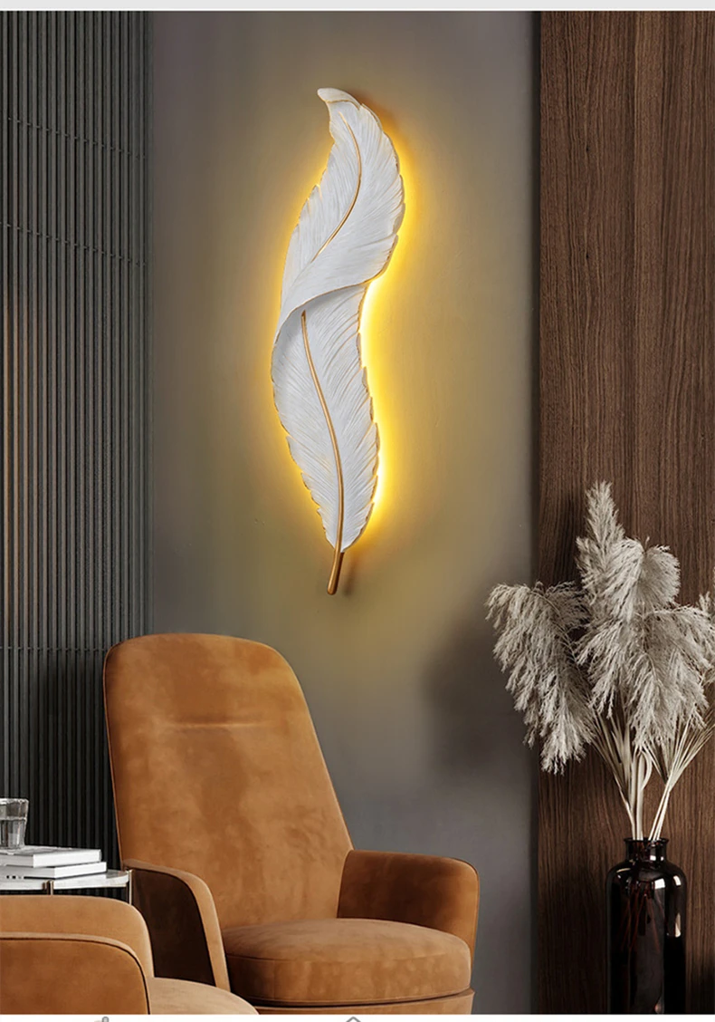 Modern Nordic Creative Feather Light Led Wall Lamp Bedroom Bedside Lighting Living Room Tv Background Wall Decoration Resin Lamp plug in wall lights