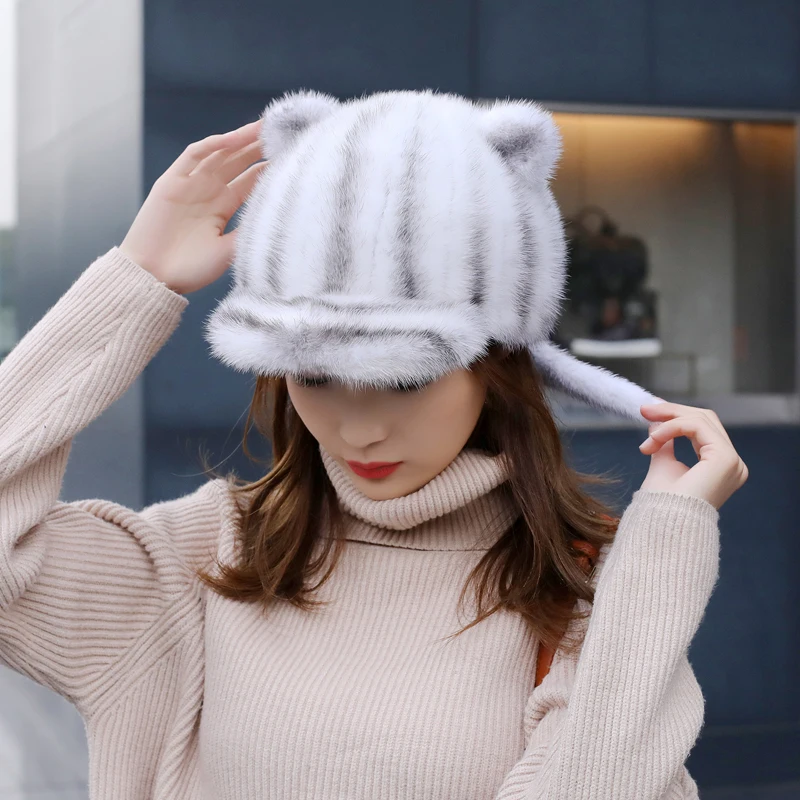 genuine-mink-fur-hat-cute-cat's-ears-hat-black-small-tail-fur-hat-luxury-duck-tongue-caps-casual-ear-protection-baseball-hats