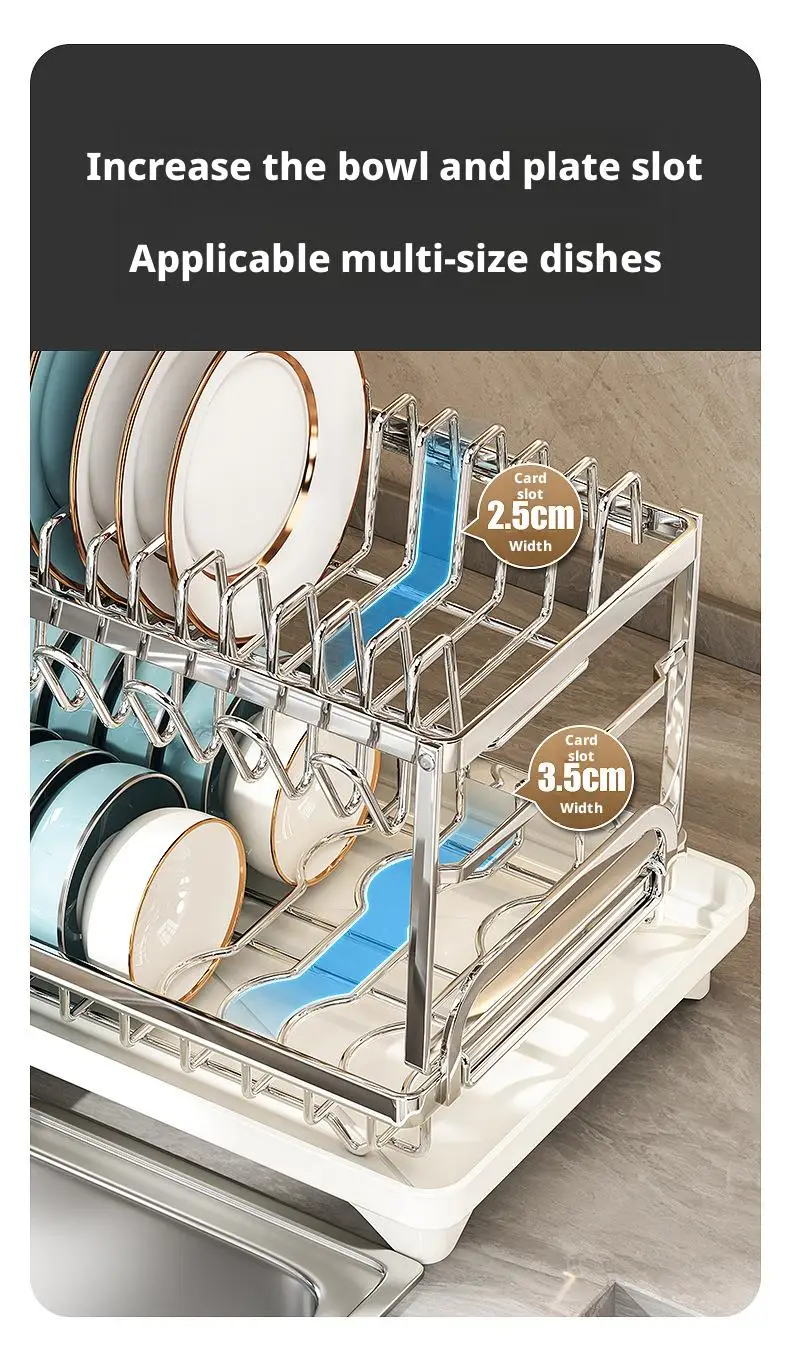 Dish Drying Rack - 2 Tier Stainless Steel Over Sink Shelf with Utensil Holder
