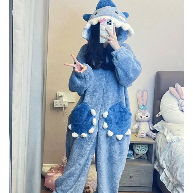 Cartoon Cute Shark Women's Hooded Sleepwear Kigurumi Unicorn Winter Cosplay Pijama jumpsuit Female Christmas Party Loungewear 2