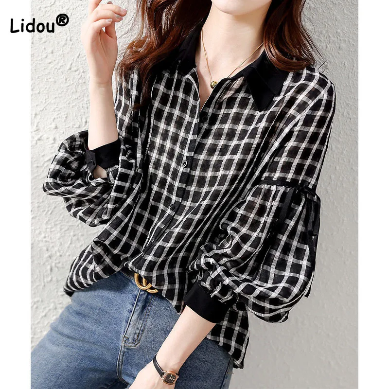 Women's Clothing Stylish Plaid Printed Button Blouse Autumn 2022 Vintage Female Lace Up Spliced Long Sleeve Polo-Neck Shirt cokal high quality plaid vintage pocket office women s stylish slim casual style blazer single button suit jacket