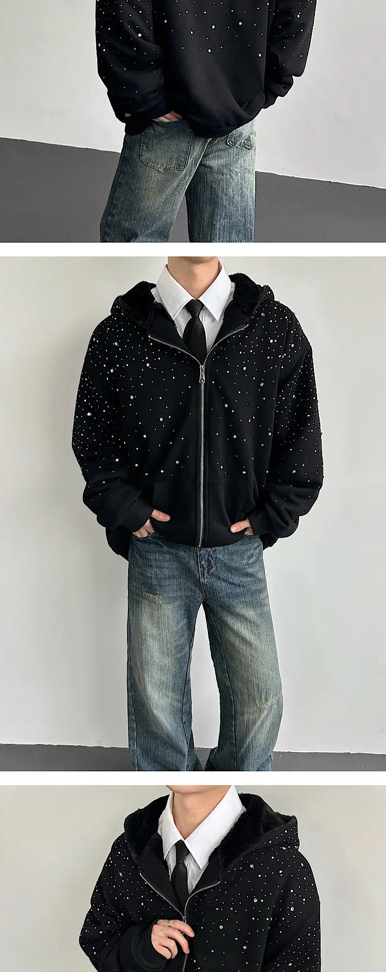 IEFB Niche Design Men's Sweaters Hooded Diamonds Patchwork Faux Fur Patchwork Zipper Solod Color Loose Male Hoodies Chic 9X1784
