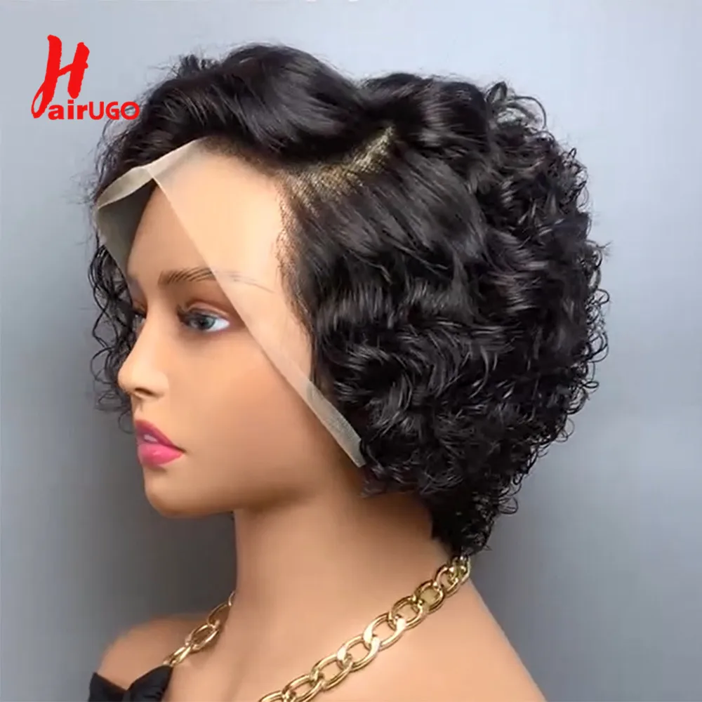 HairUGo-Perruques de cheveux humains bouclés Pixie Cut, dentelle transparente, perruques préplumées, 12A