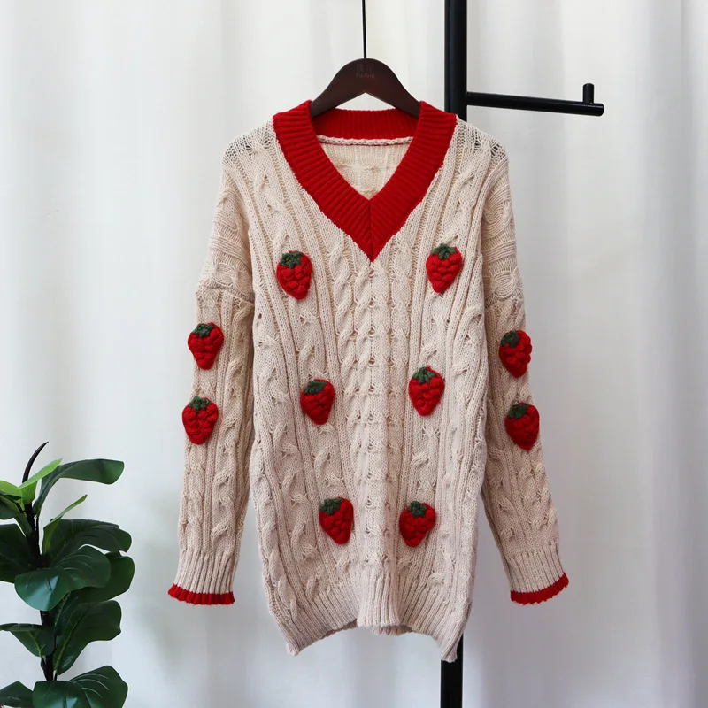 

Strawberry 3D Knitting Women Sweater Pullovers Winter Oversize Loose Casual Kawaii Winter Autumn Lady Jumpers Clothes