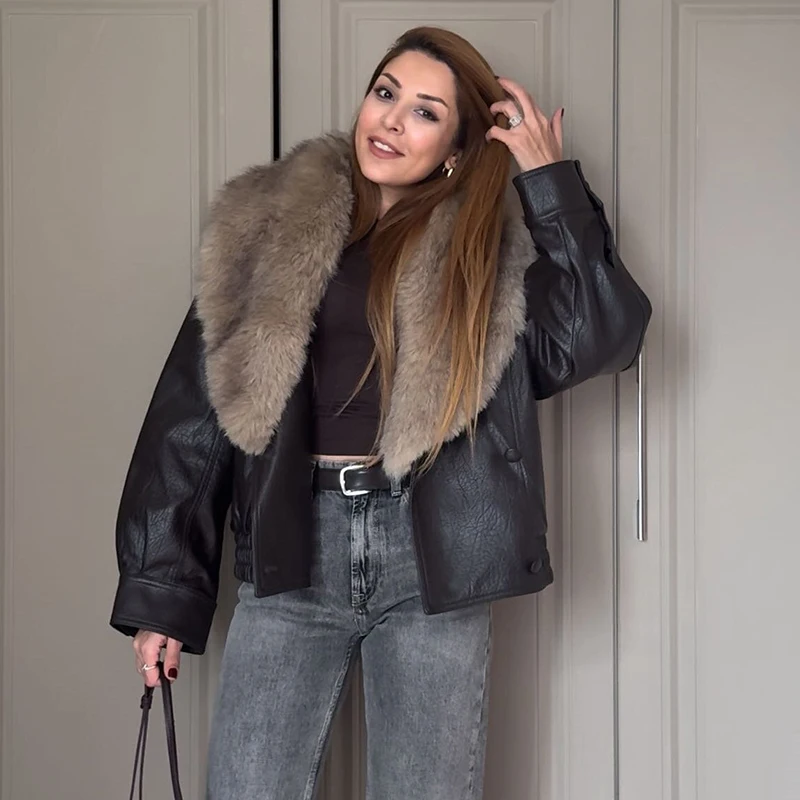 Elegant Faux Fur Collar Women's Coat Suede Single Breasted Winter Jackets Women 2025 Autumn Chic Street Office Lady Outerwear ﻿