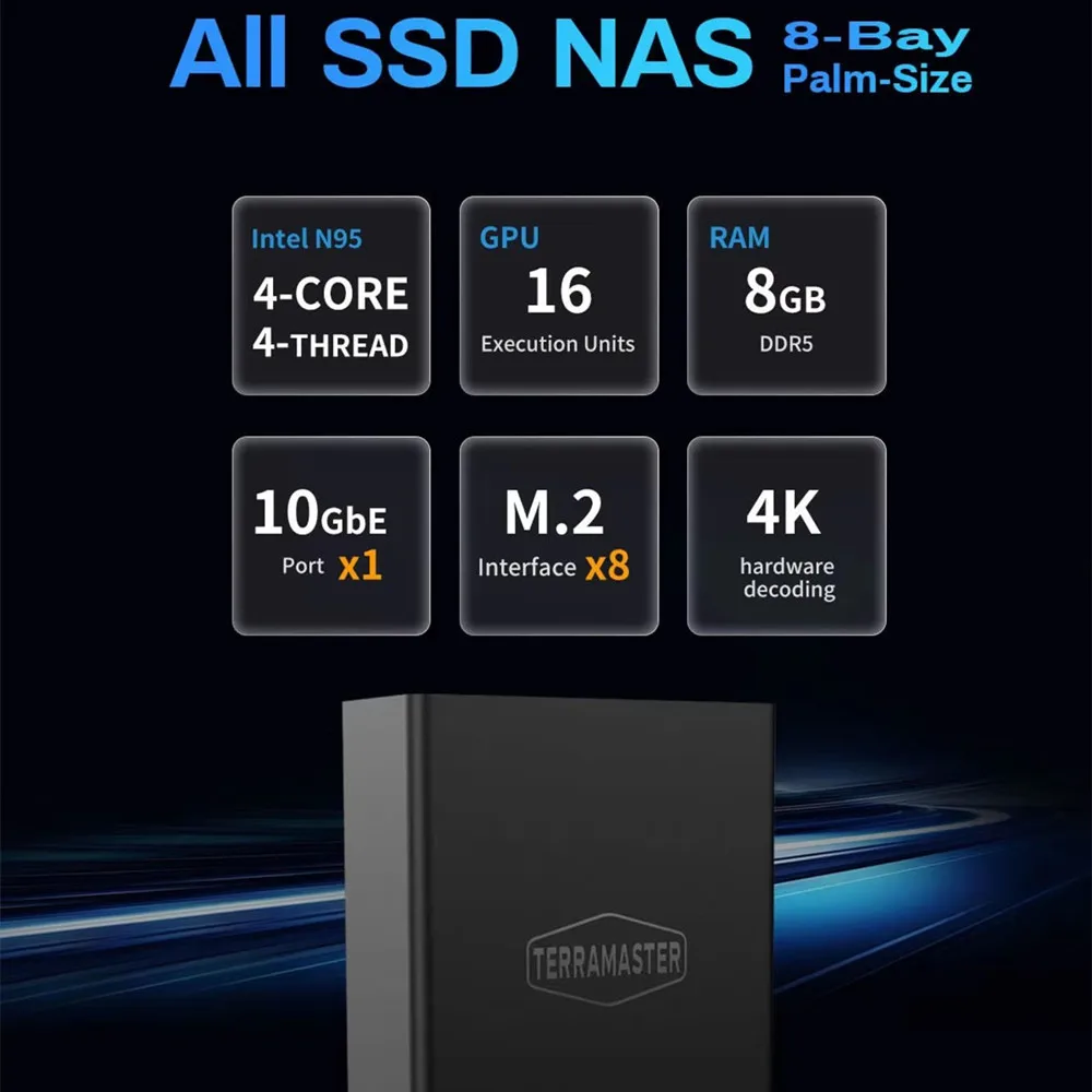 TERRAMASTER F8 SSD 플러스 NAS 8Bay, 모든 SSD 코어 i3 8 코어 8 스레드 CPU, 팜 사이즈 네트워크 연결 스토리지, 16GB RAM